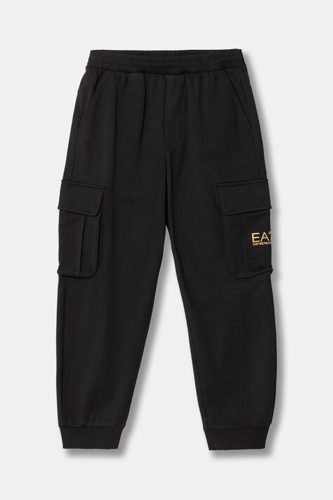 EA7 Emporio Armani pantaloni de trening din bumbac pentru copii culoarea negru, neted, 7B000028 AF10380
