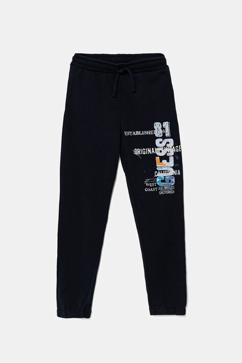 Детские хлопковые штаны Guess цвет синий с аппликацией L5GQ11 KA6R4