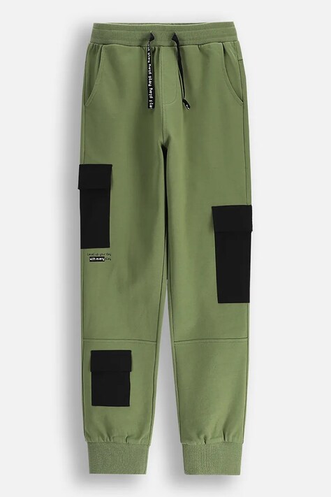 Детски памучен спортен панталон Coccodrillo в зелено с изчистен дизайн GAMER BOY JUNIOR