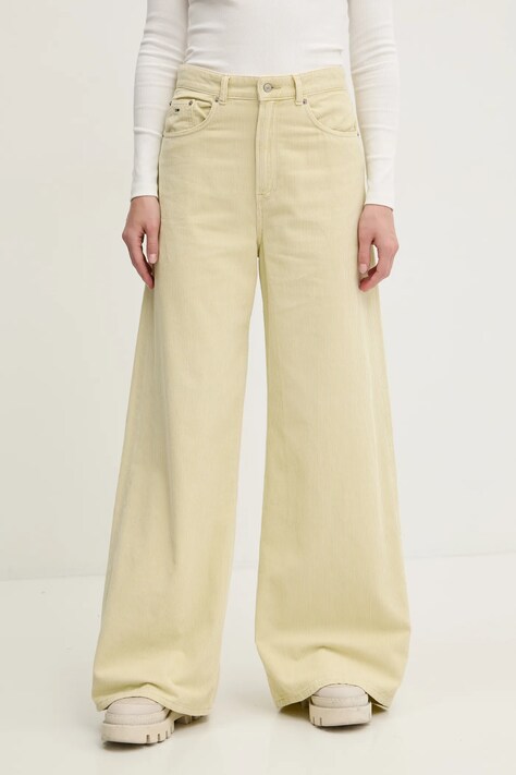 Tommy Jeans pantaloni de catifea cord culoarea galben, lat, high waist, DW0DW20557