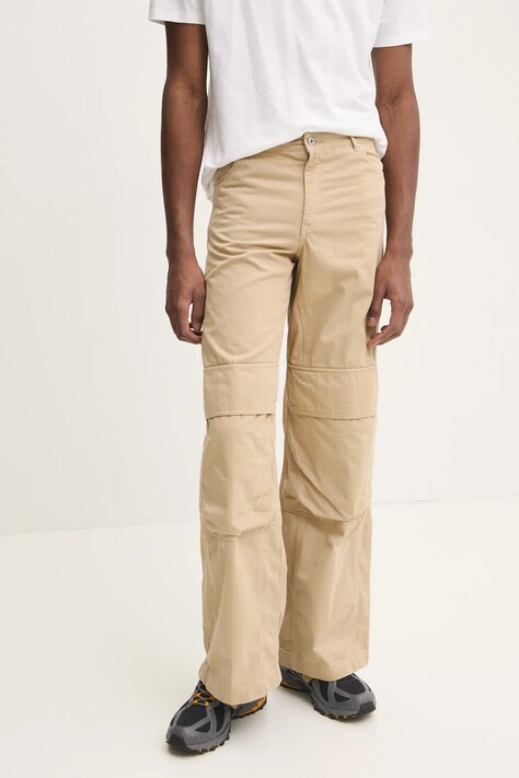 Bavlněné kalhoty Hugo Blue béžová barva, široké, high waist, 50530833