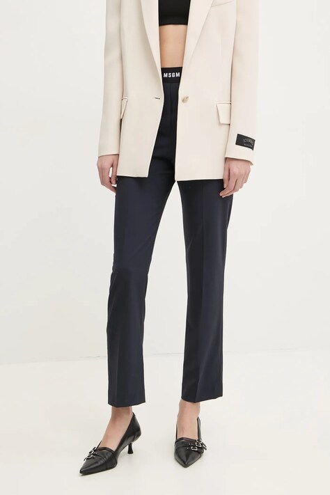 Vlněné kalhoty MSGM tmavomodrá barva, přiléhavé, high waist, 3841MDP13.257127