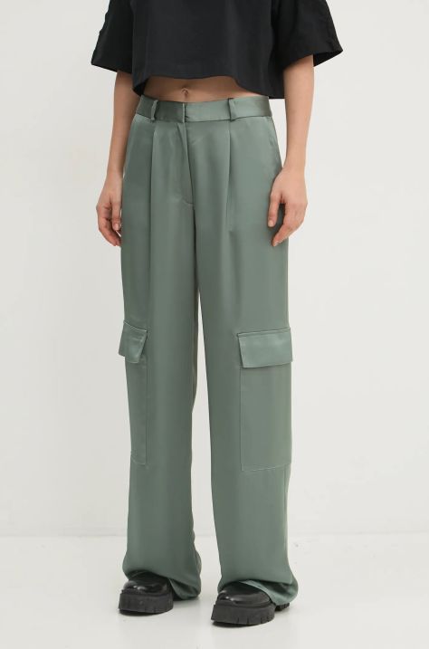 HUGO pantaloni femei, culoarea verde, lat, high waist, 50530080