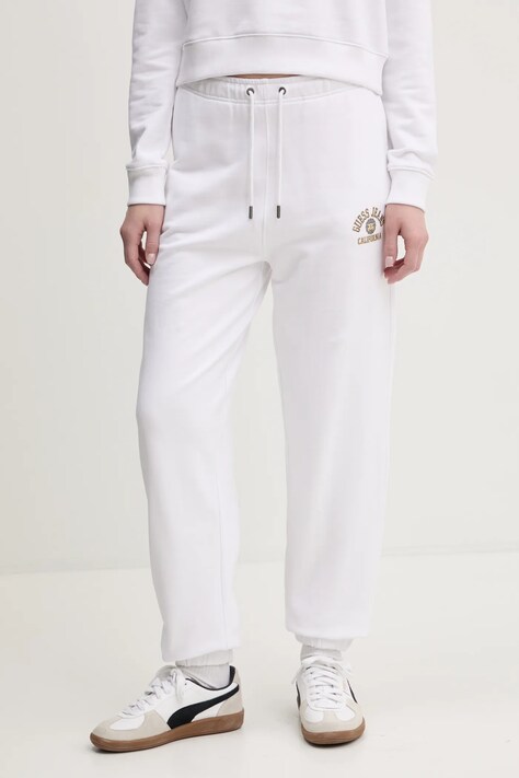 Guess Jeans pantaloni de trening din bumbac femei, culoarea alb, cu imprimeu, W5RB63 K68I4