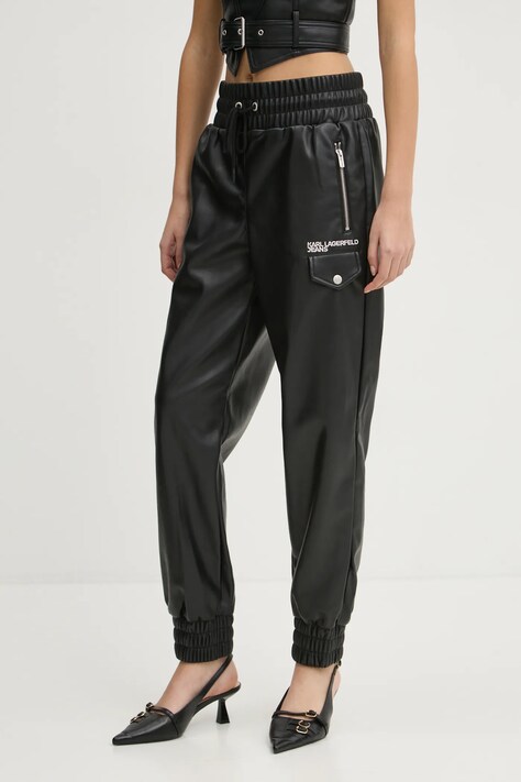 Karl Lagerfeld Jeans pantaloni femei, culoarea negru, fason cargo, high waist, A1W10059