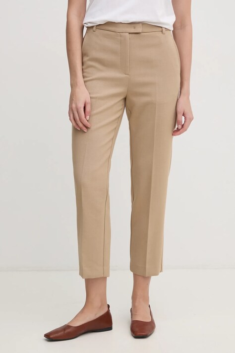Kalhoty Tommy Hilfiger dámské, béžová barva, jednoduché, high waist, WW0WW44090