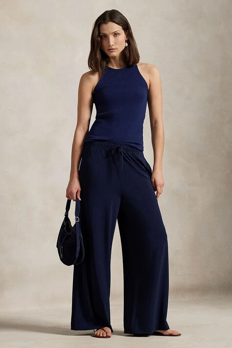 Kalhoty Polo Ralph Lauren dámské, tmavomodrá barva, široké, high waist, 211959120