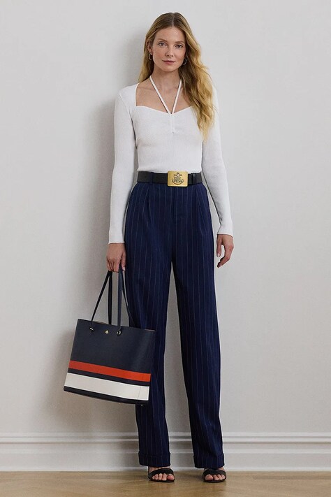 Lauren Ralph Lauren pantaloni de lână culoarea bleumarin, lat, high waist, 200957330