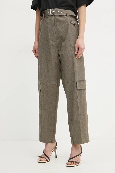 Pinko pantaloni de lana femei, culoarea maro, drept, high waist, 104701 A2BQ