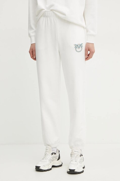 Pinko pantaloni de trening din bumbac femei, culoarea alb, cu imprimeu, 104790 A2G8