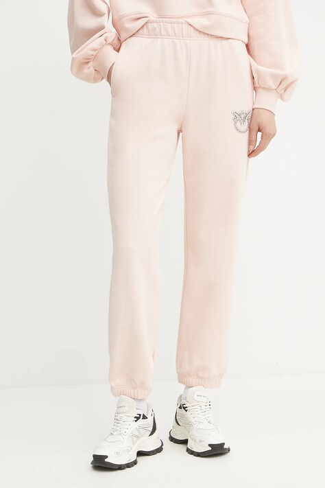 Pinko pantaloni de trening din bumbac femei, culoarea bej, cu imprimeu, 104790 A2G8