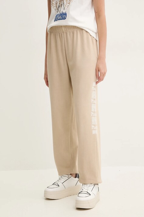 Pinko pantaloni de trening din bumbac femei, culoarea bej, cu imprimeu, 104790 A2CV