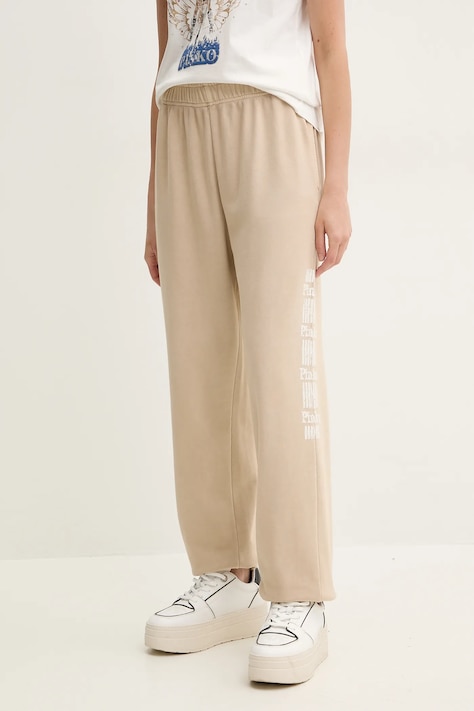 Pinko pantaloni de trening din bumbac femei, culoarea bej, cu imprimeu, 104790 A2CV