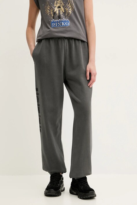 Pinko pantaloni de trening din bumbac femei, culoarea gri, cu imprimeu, 104790 A2CV