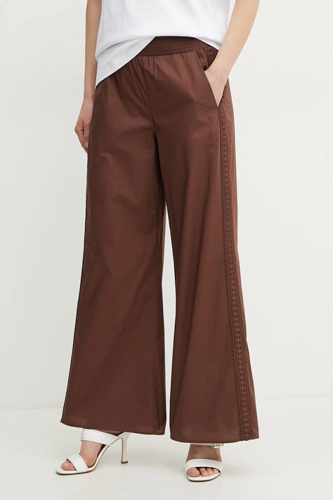 Twinset pantaloni de bumbac femei, culoarea maro, lat, high waist, 251LB2KCC