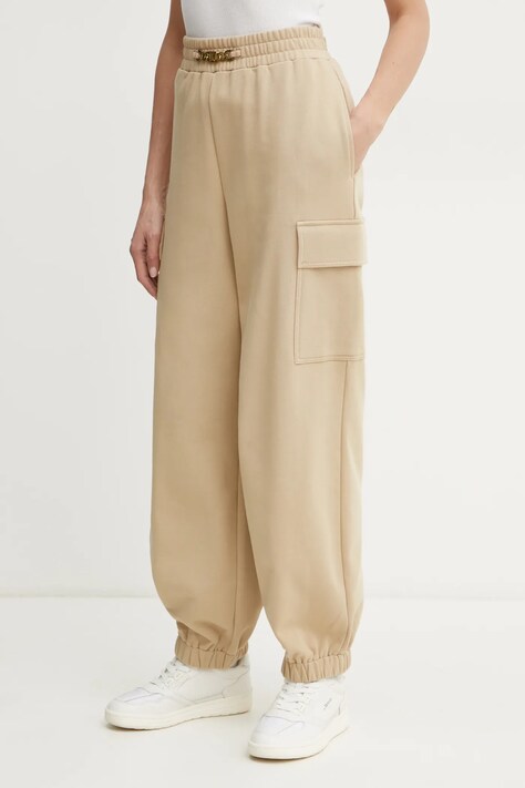 Twinset pantaloni de trening din bumbac femei, culoarea bej, neted, 251TE2071