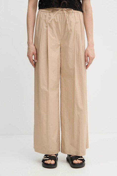 Twinset pantaloni de bumbac culoarea bej, lat, high waist, 251TT2120