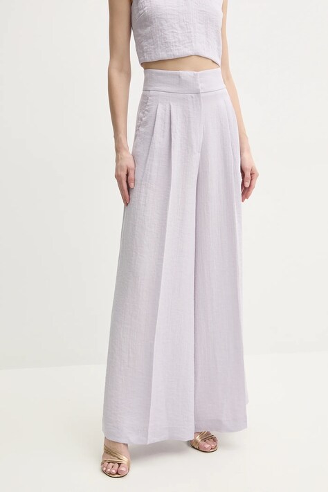 Kalhoty s příměsí lnu Twinset fialová barva, high waist, 251TT2281