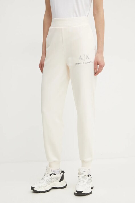 Хлопковые спортивные штаны Armani Exchange женские цвет бежевый с принтом XW000162 AF11851