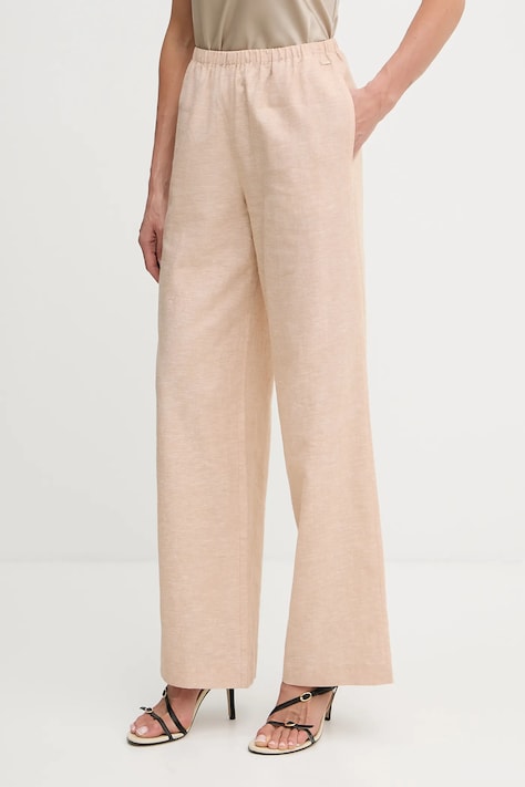 Lněné kalhoty Armani Exchange dámské, béžová barva, široké, high waist, XW000466 AF12813