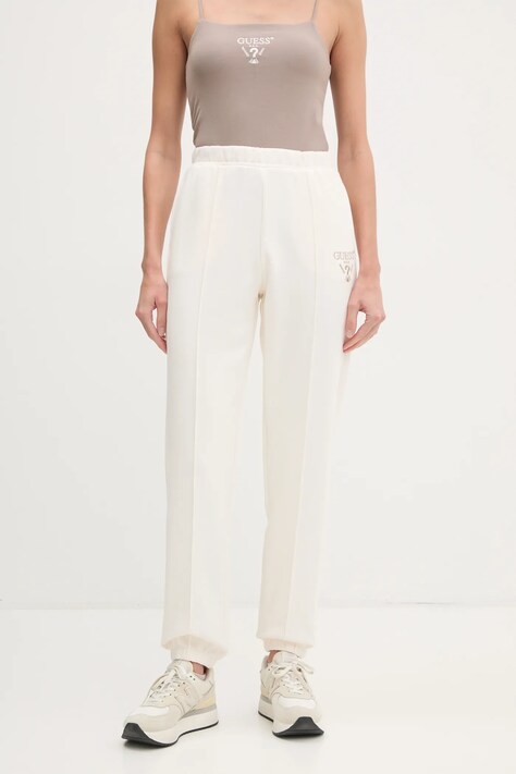 Guess pantaloni de trening ROBERTA culoarea bej, cu imprimeu, V5RB13 KC3D2