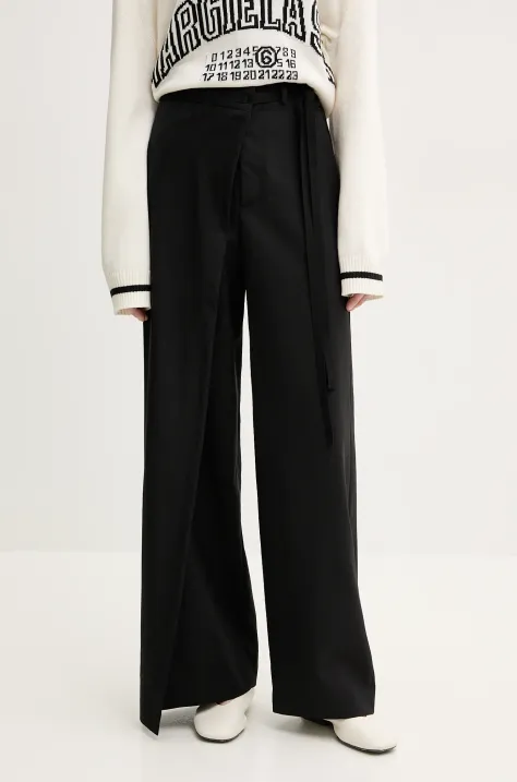 MM6 Maison Margiela pantaloni de lana femei, culoarea negru, lat, high waist, S52KA0518