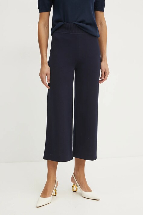 Luisa Spagnoli pantaloni de lana femei, culoarea albastru marin, lat, high waist, 541830