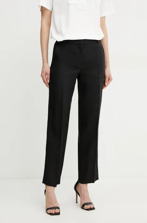 Luisa Spagnoli spodnie lniane damskie kolor czarny proste medium waist 542090