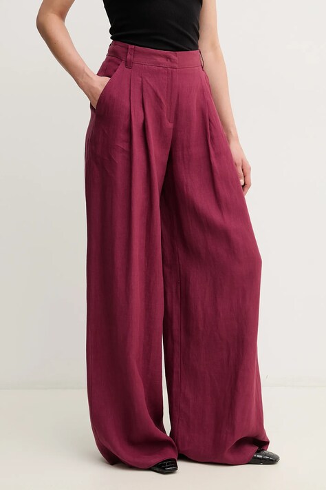Lněné kalhoty Marella ZAMA dámské, vínová barva, široké, high waist, 2513131132200