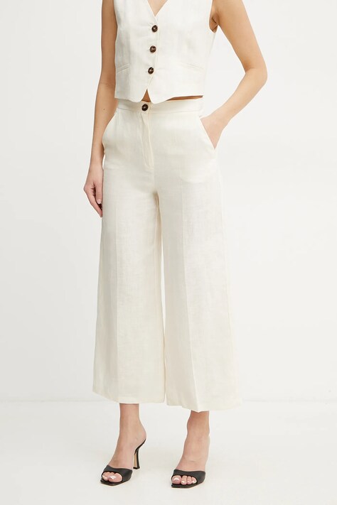Lněné kalhoty Marella Emme by Marella dámské, béžová barva, široké, high waist, 2515131022200
