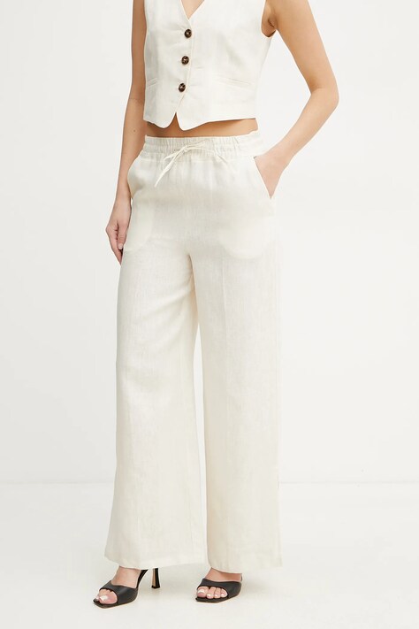Marella pantaloni din in Emme by Marella femei, culoarea bej, lat, high waist, 2515131072200