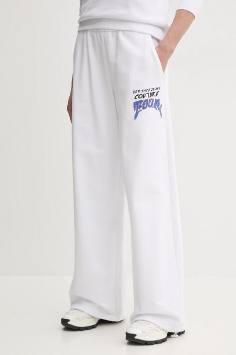 Versace Jeans Couture pantaloni de trening din bumbac femei, culoarea alb, cu imprimeu, 78HAAC07 CF00C