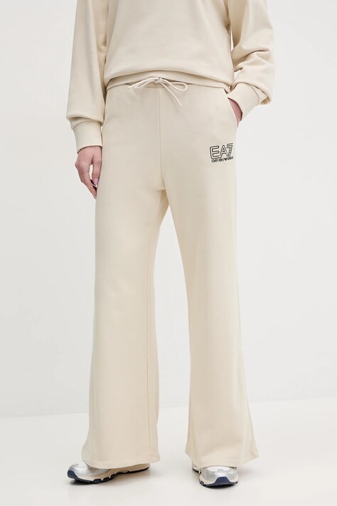 EA7 Emporio Armani pantaloni de trening femei, culoarea bej, cu imprimeu, AF12473.7W000106