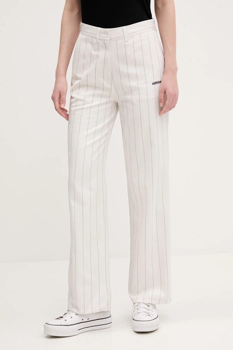 adidas Originals pantaloni PINSTRIPE PANTS femei, culoarea bej, lat, high waist, JJ3483