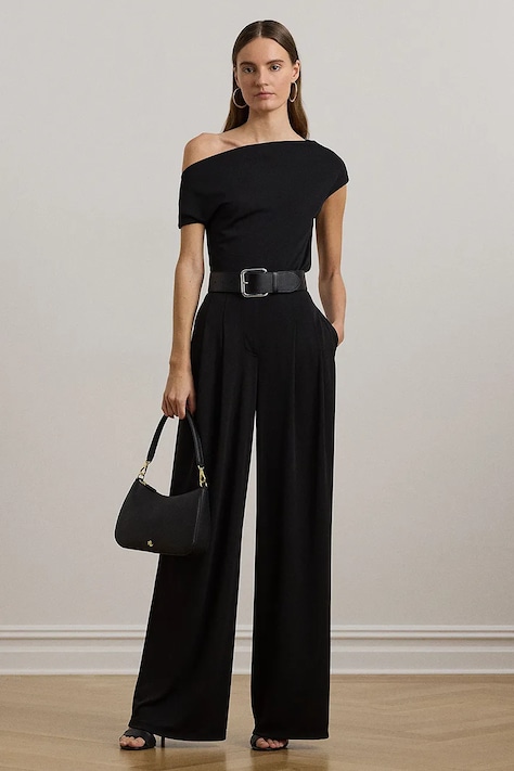 Kalhoty Lauren Ralph Lauren dámské, černá barva, široké, high waist, 200961941