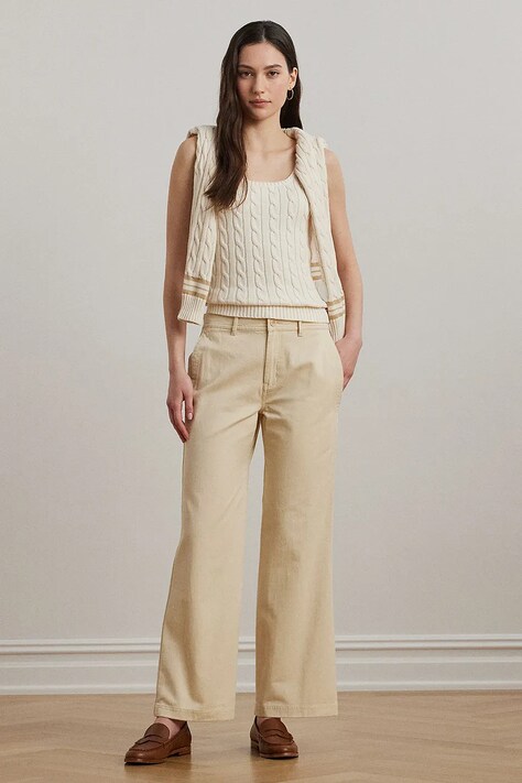 Lauren Ralph Lauren pantaloni de bumbac femei, culoarea bej, lat, high waist, 200965654