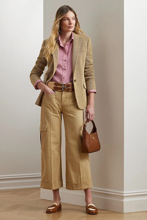 Bavlněné kalhoty Lauren Ralph Lauren dámské, béžová barva, široké, high waist, 200974894