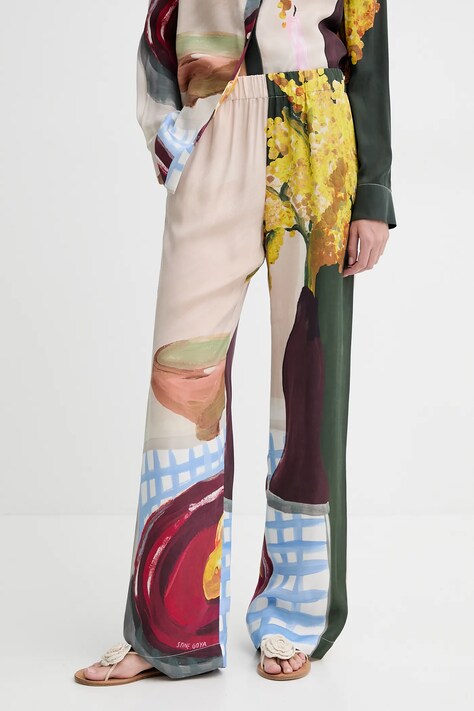 Stine Goya pantaloni femei, culoarea bej, drept, high waist, SG-SS25-P009-2263P