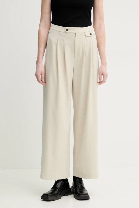 Gestuz pantaloni din lana femei, culoarea bej, drept, high waist, 10910011