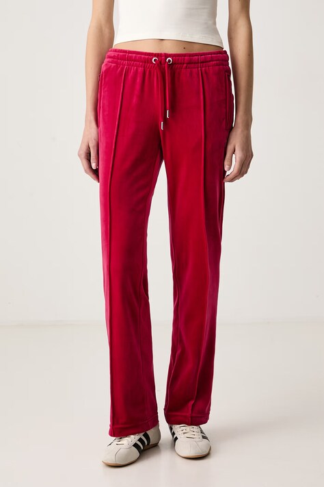Juicy Couture Nohavice flare dámske zamatové TINA TRACK PANT červené low waist JCAPW045
