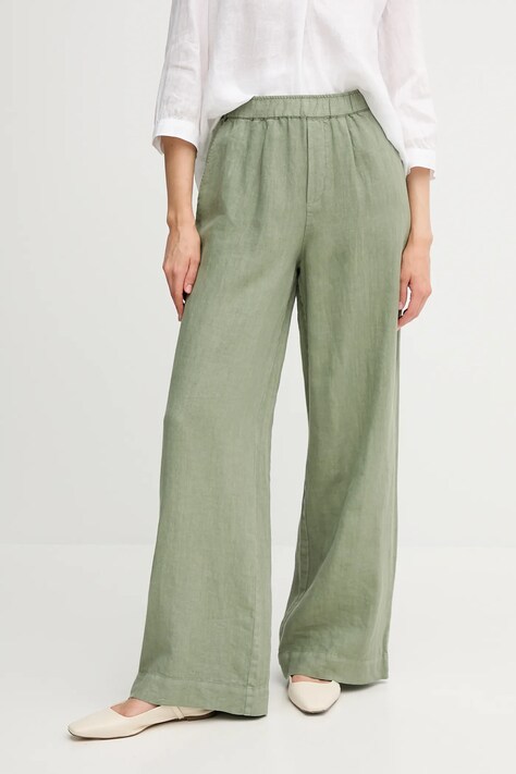 OUI pantaloni din in culoarea verde, lat, high waist, 92821