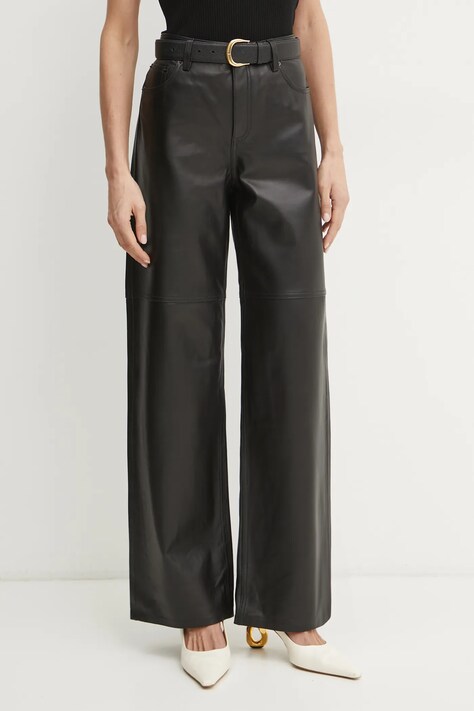 MICHAEL Michael Kors pantaloni de piele femei, culoarea negru, lat, high waist, MR53065FAF