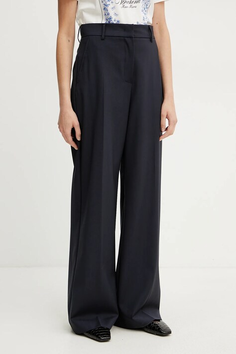 Vunene hlače Weekend Max Mara za žene, boja: tamno plava, široke, visoki struk, 2515131041600
