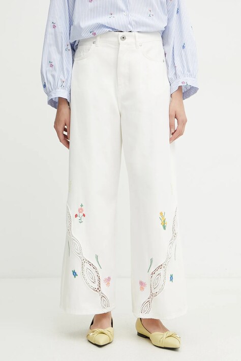 Bavlnené nohavice Weekend Max Mara dámske, béžová farba, široké, vysoký pás, 2515131022600