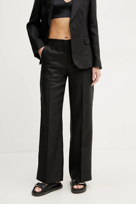 Lněné kalhoty Weekend Max Mara dámské, černá barva, široké, high waist, 2515131052600