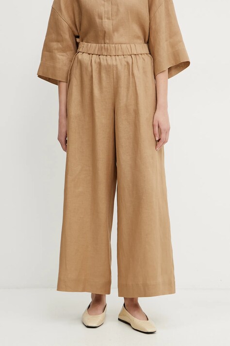 MM pantaloni din in femei, culoarea maro, fason culottes, high waist, 2516131018600