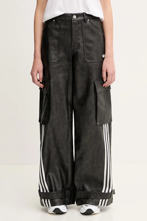 adidas Originals spodnie FAUX LTHR damskie kolor czarny szerokie high waist JX9226