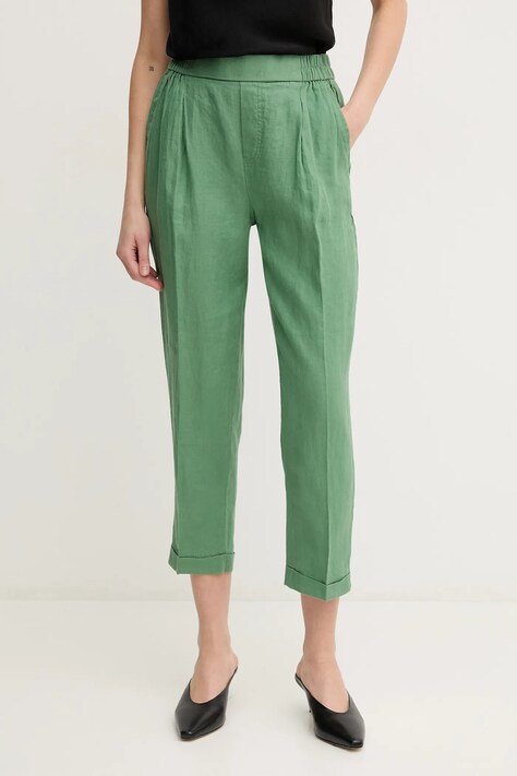 Lněné kalhoty United Colors of Benetton dámské, zelená barva, střih cigarette, high waist, 4AGH558X5