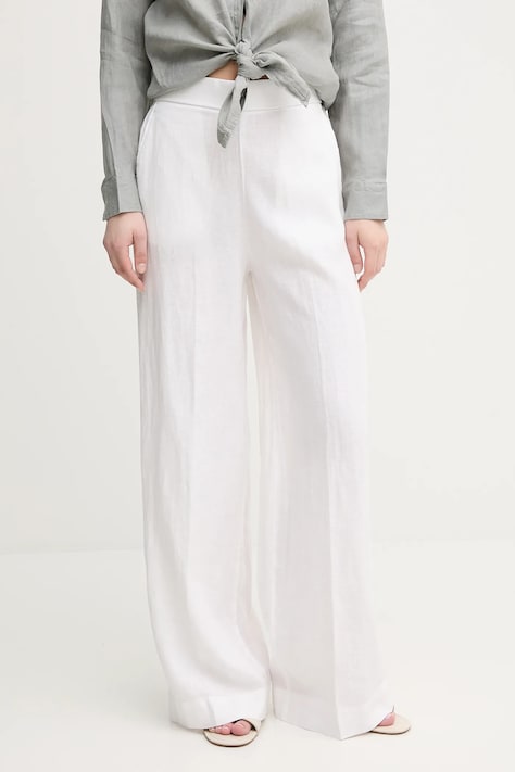 United Colors of Benetton pantaloni din in femei, culoarea alb, drept, high waist, 4AGHDF08K