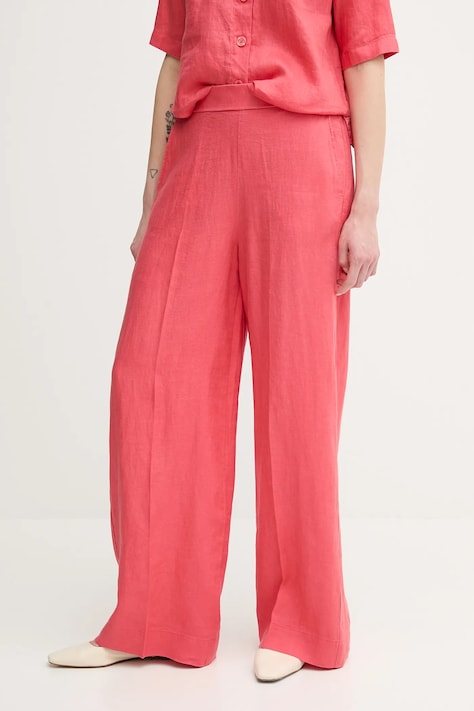 Lněné kalhoty United Colors of Benetton dámské, červená barva, high waist, 4AGHDF08K